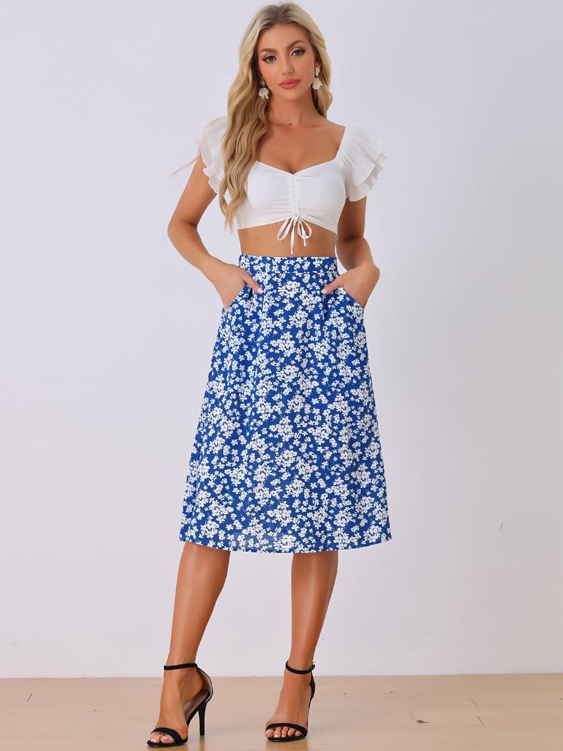 imageAllegra K Womens Floral Skirt ALine Midi Skirt Chiffon Elegant 2025 Fall SkirtsBlue White