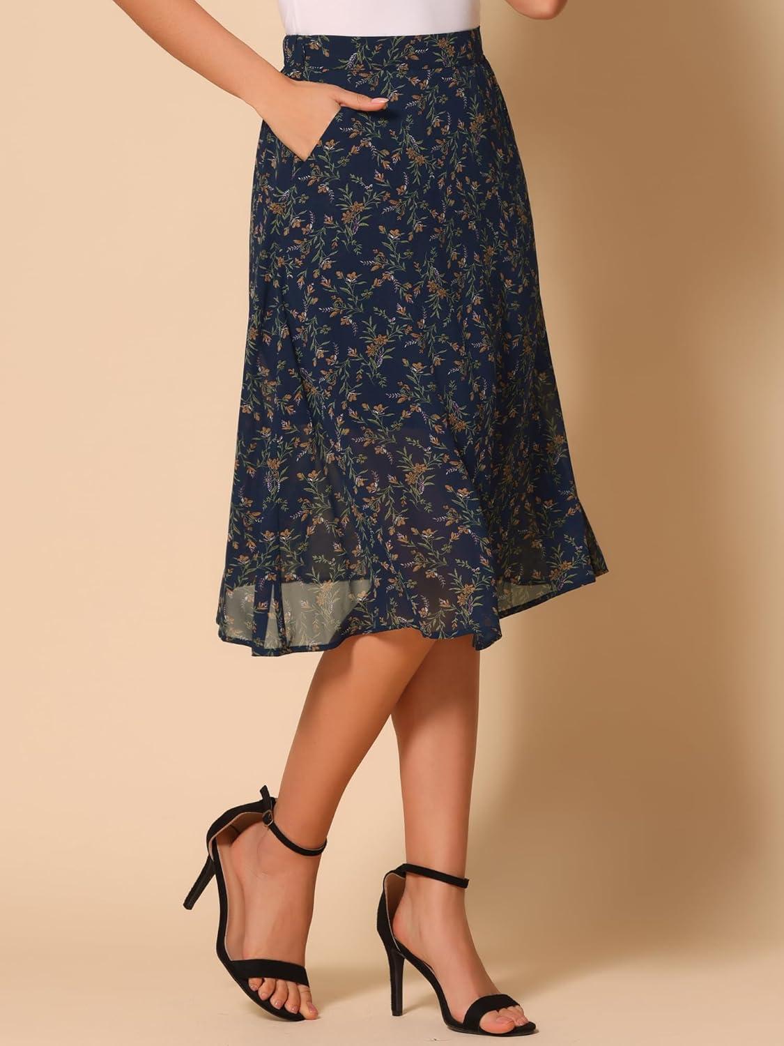 imageAllegra K Womens Floral Skirt ALine Midi Skirt Chiffon Elegant 2025 Fall SkirtsNavy Blue