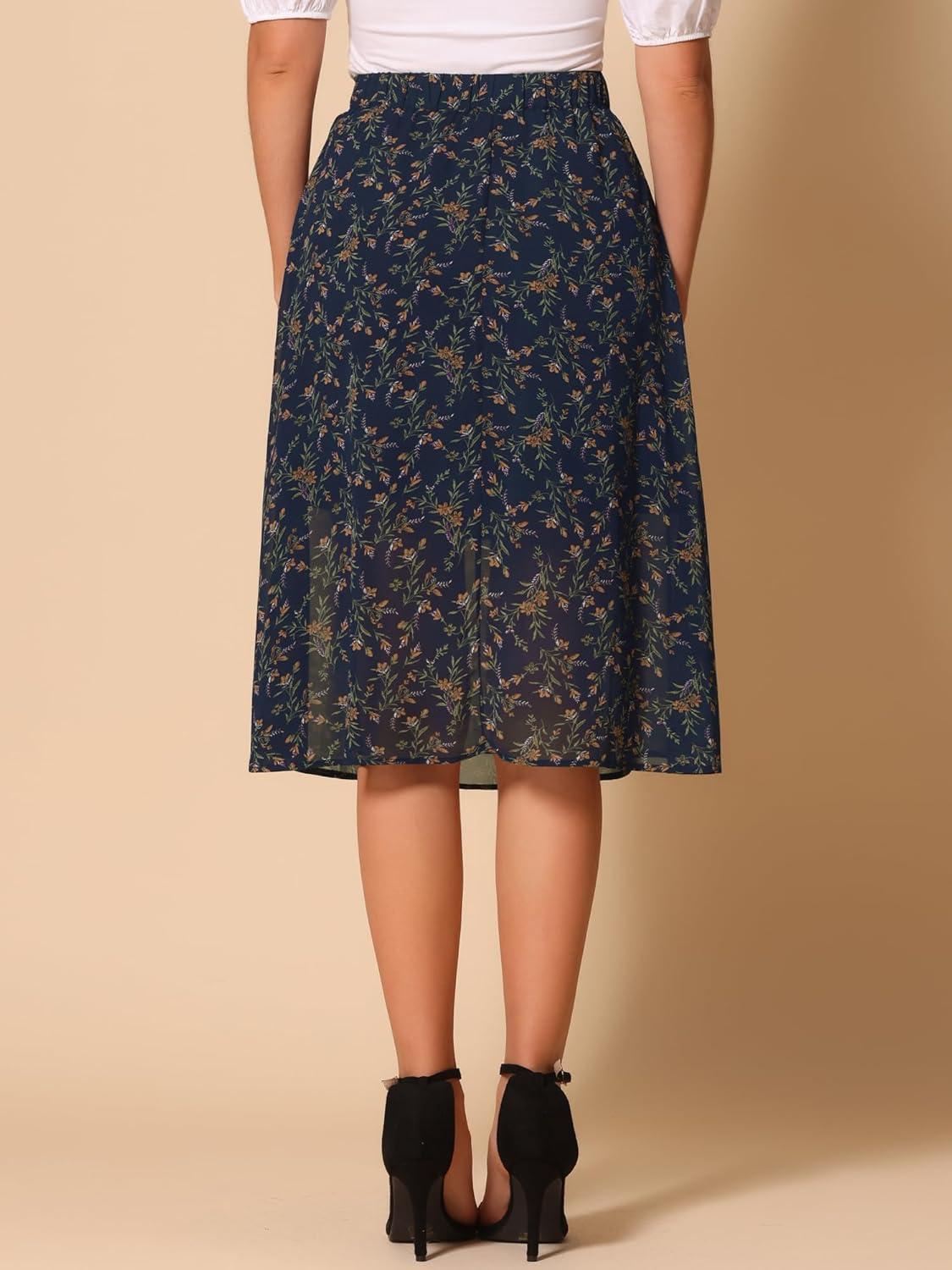 imageAllegra K Womens Floral Skirt ALine Midi Skirt Chiffon Elegant 2025 Fall SkirtsNavy Blue