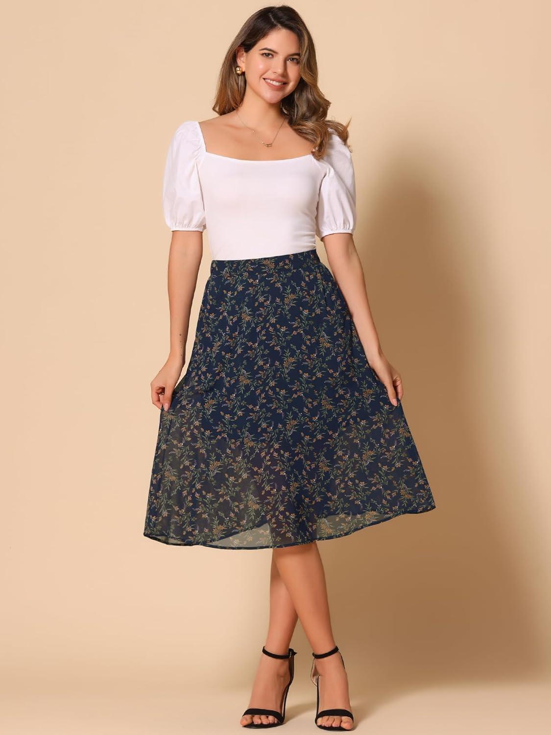 imageAllegra K Womens Floral Skirt ALine Midi Skirt Chiffon Elegant 2025 Fall SkirtsNavy Blue