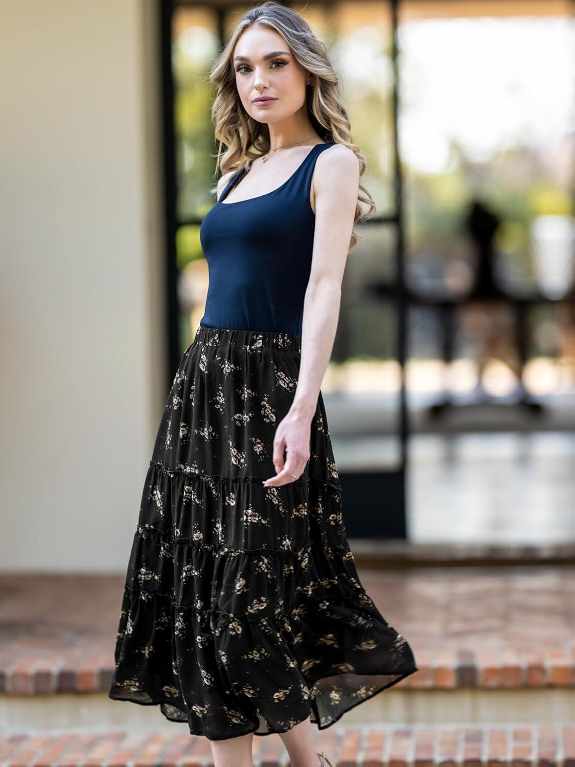 imageAllegra K Womens Floral Skirt Chiffon Aline Long Tiered Ruffle Boho Summer Midi SkirtsBlack