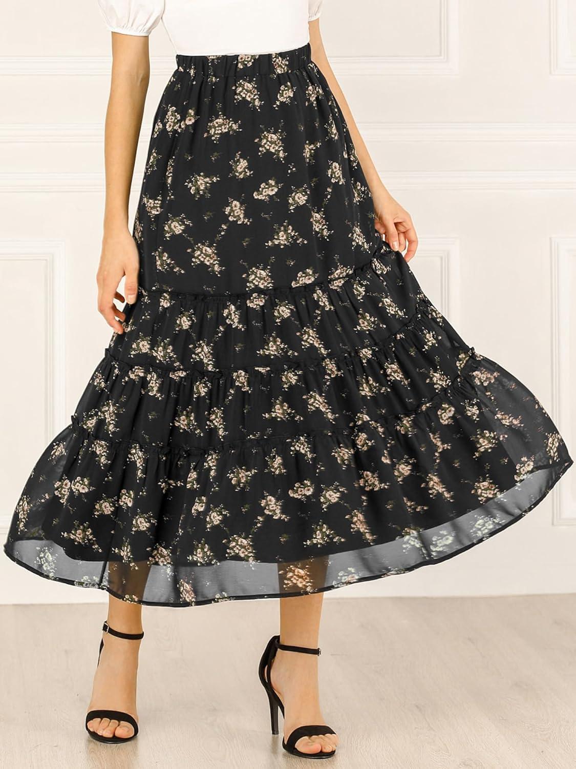 imageAllegra K Womens Floral Skirt Chiffon Aline Long Tiered Ruffle Boho Summer Midi SkirtsBlack