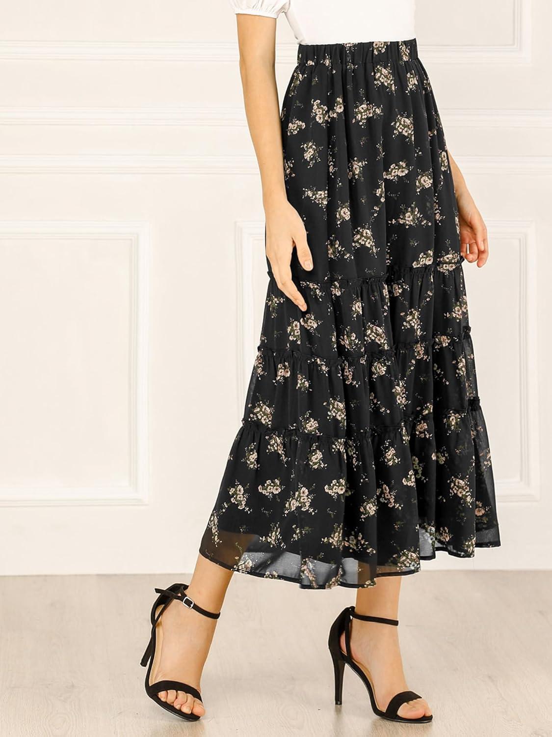 imageAllegra K Womens Floral Skirt Chiffon Aline Long Tiered Ruffle Boho Summer Midi SkirtsBlack