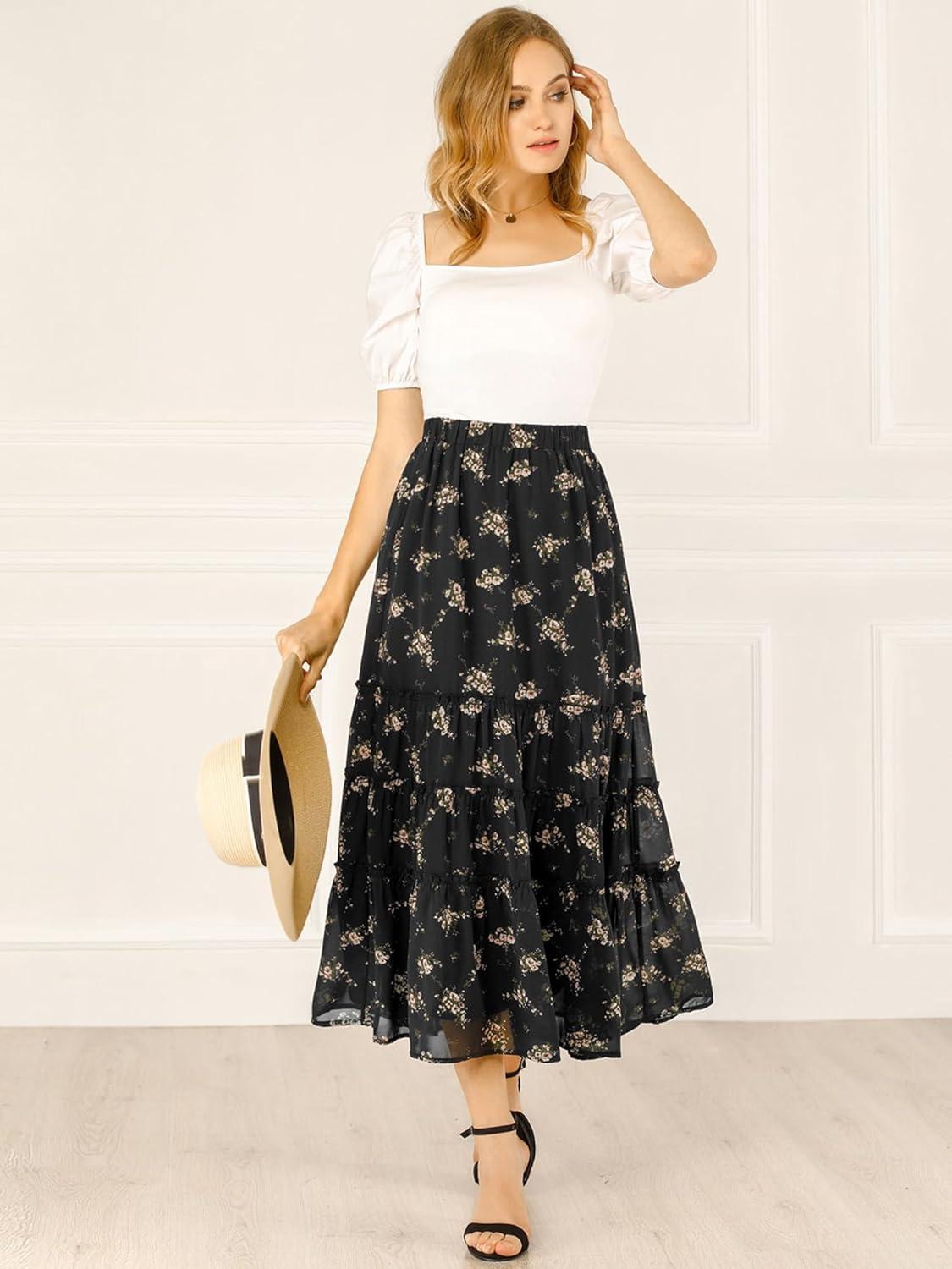 imageAllegra K Womens Floral Skirt Chiffon Aline Long Tiered Ruffle Boho Summer Midi SkirtsBlack