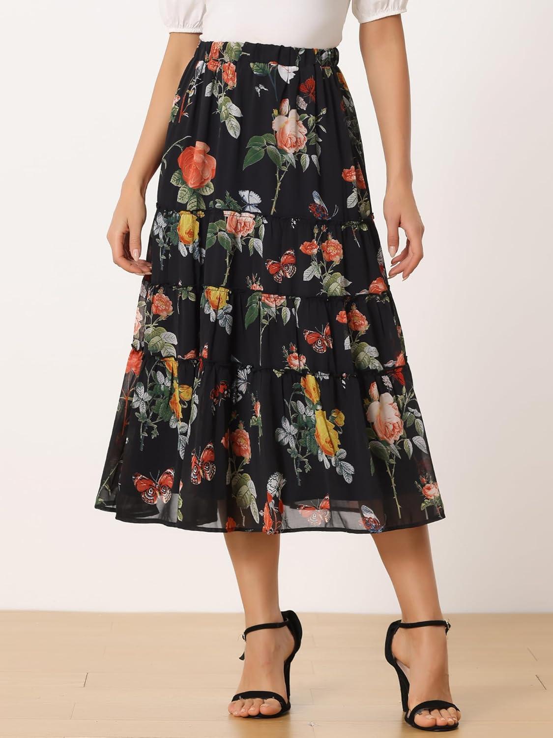imageAllegra K Womens Floral Skirt Chiffon Aline Long Tiered Ruffle Boho Summer Midi SkirtsBlack Pink