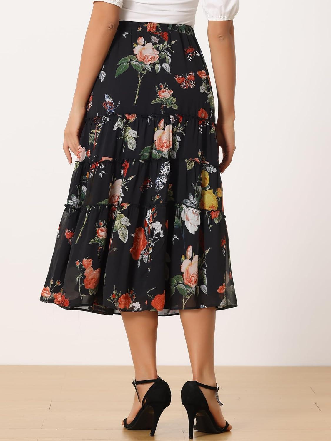 imageAllegra K Womens Floral Skirt Chiffon Aline Long Tiered Ruffle Boho Summer Midi SkirtsBlack Pink