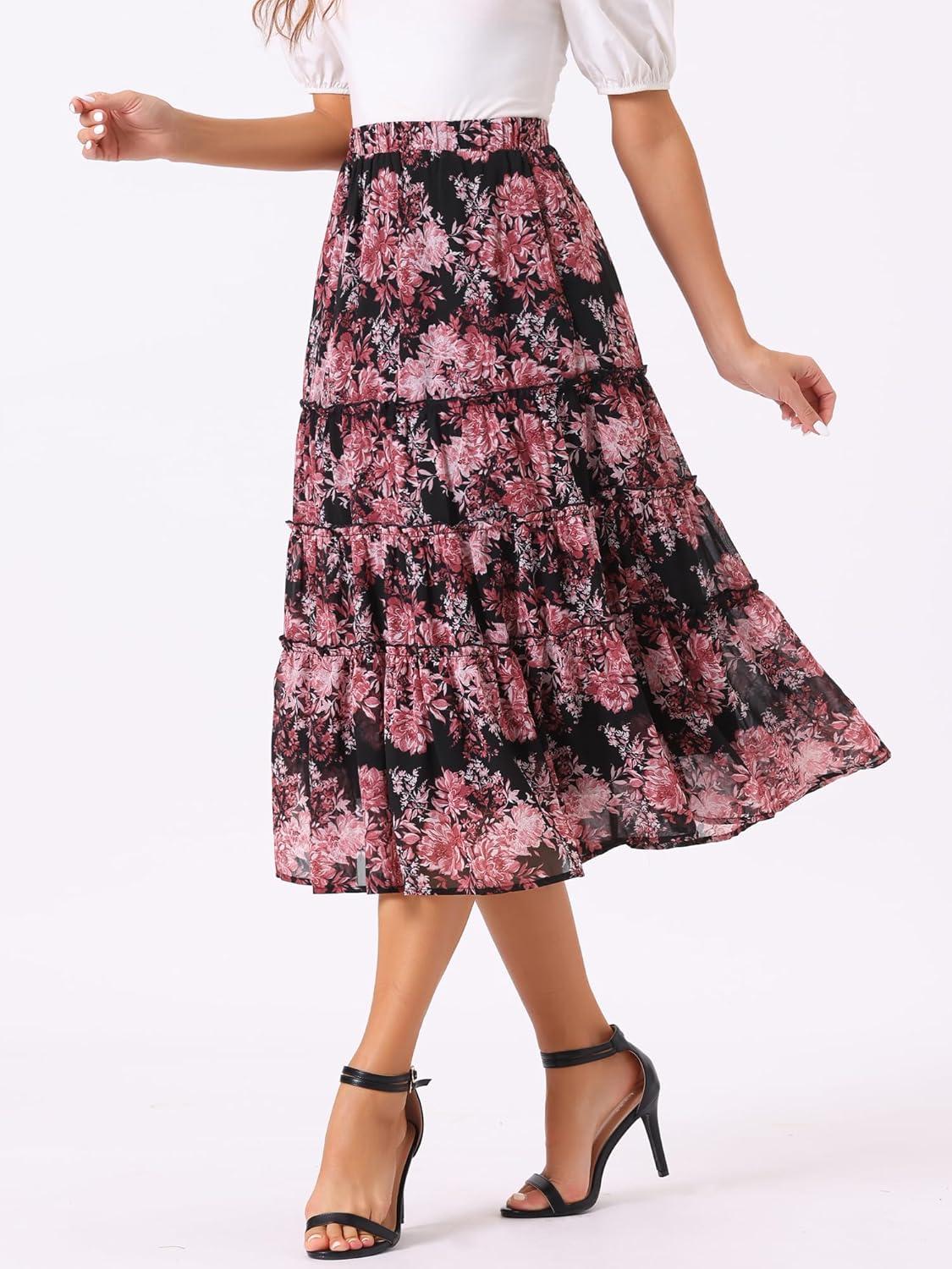 imageAllegra K Womens Floral Skirt Chiffon Aline Long Tiered Ruffle Boho Summer Midi SkirtsBlack Pinks