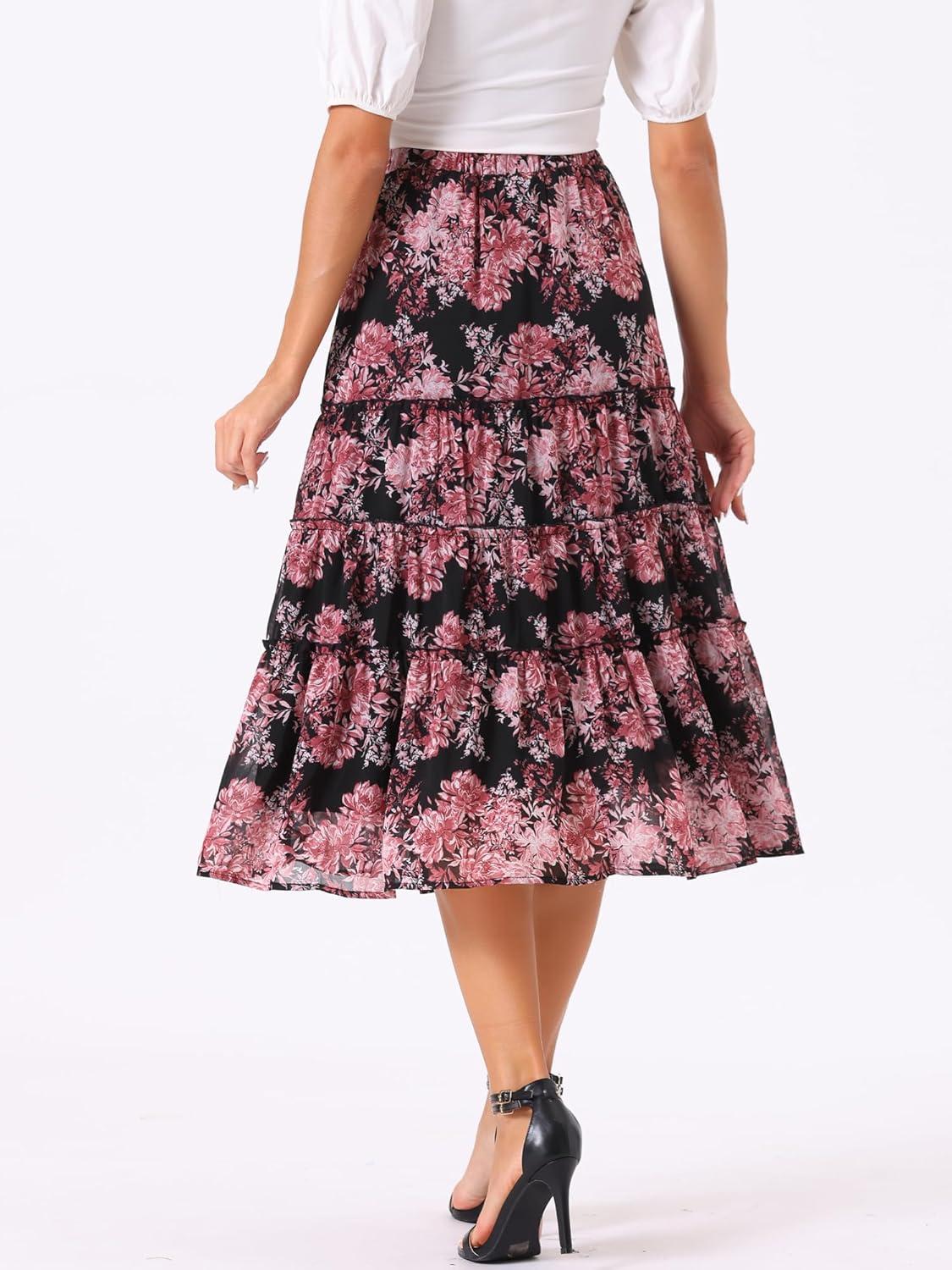 imageAllegra K Womens Floral Skirt Chiffon Aline Long Tiered Ruffle Boho Summer Midi SkirtsBlack Pinks
