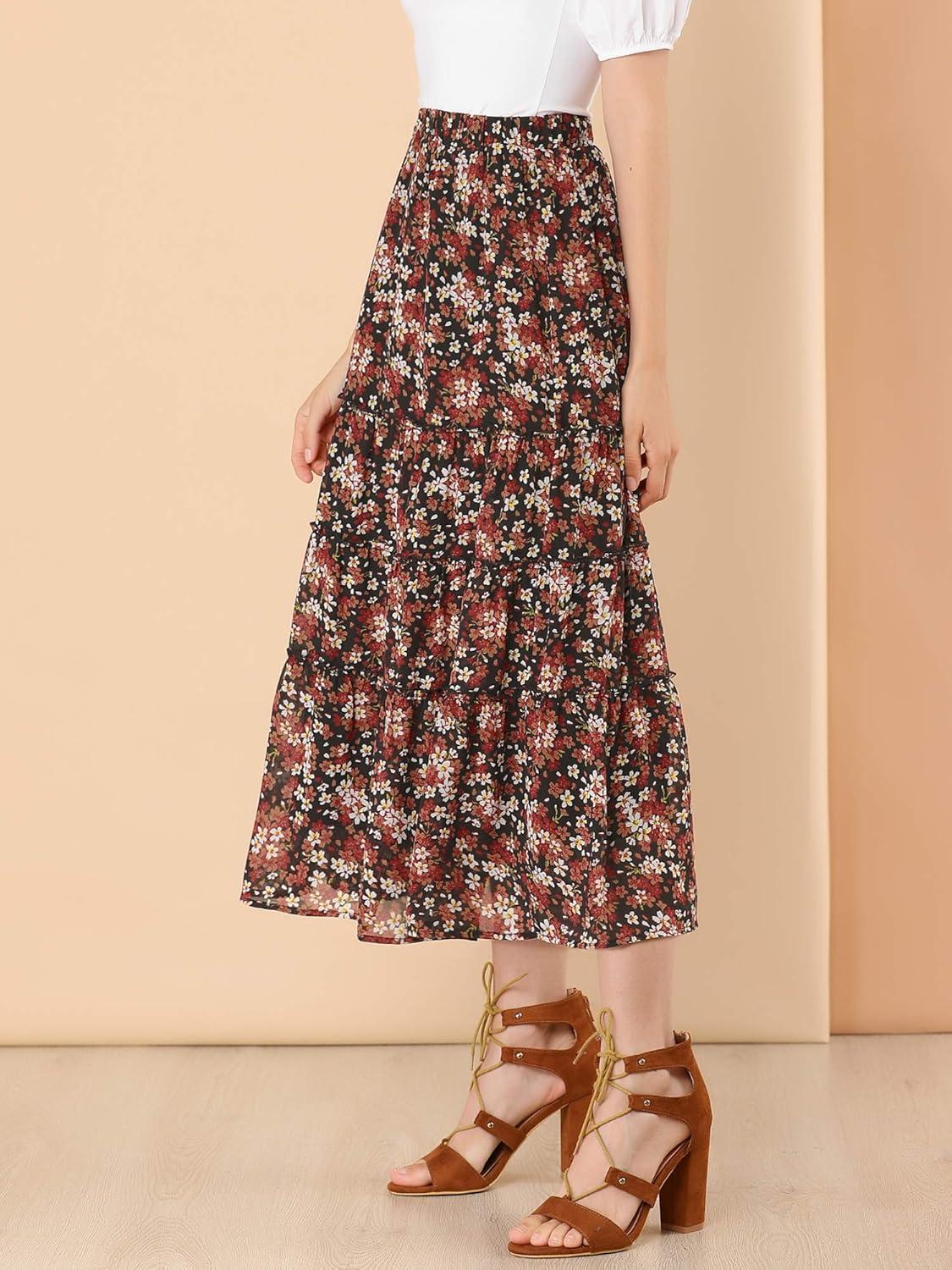 imageAllegra K Womens Floral Skirt Chiffon Aline Long Tiered Ruffle Boho Summer Midi SkirtsBlack Red