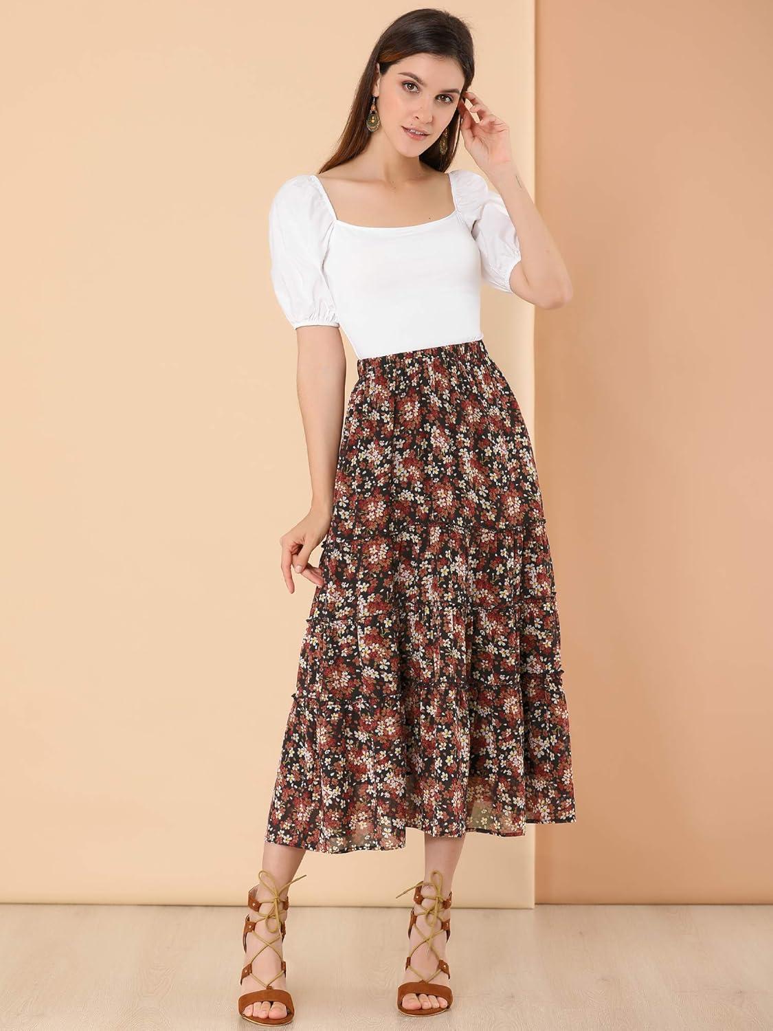 imageAllegra K Womens Floral Skirt Chiffon Aline Long Tiered Ruffle Boho Summer Midi SkirtsBlack Red