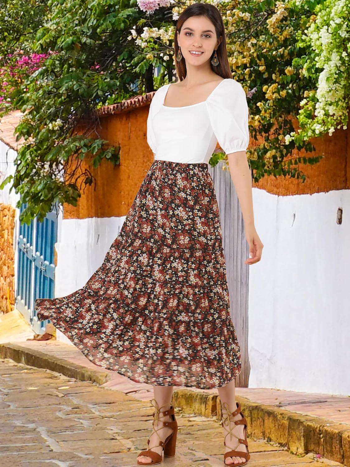 imageAllegra K Womens Floral Skirt Chiffon Aline Long Tiered Ruffle Boho Summer Midi SkirtsBlack Red