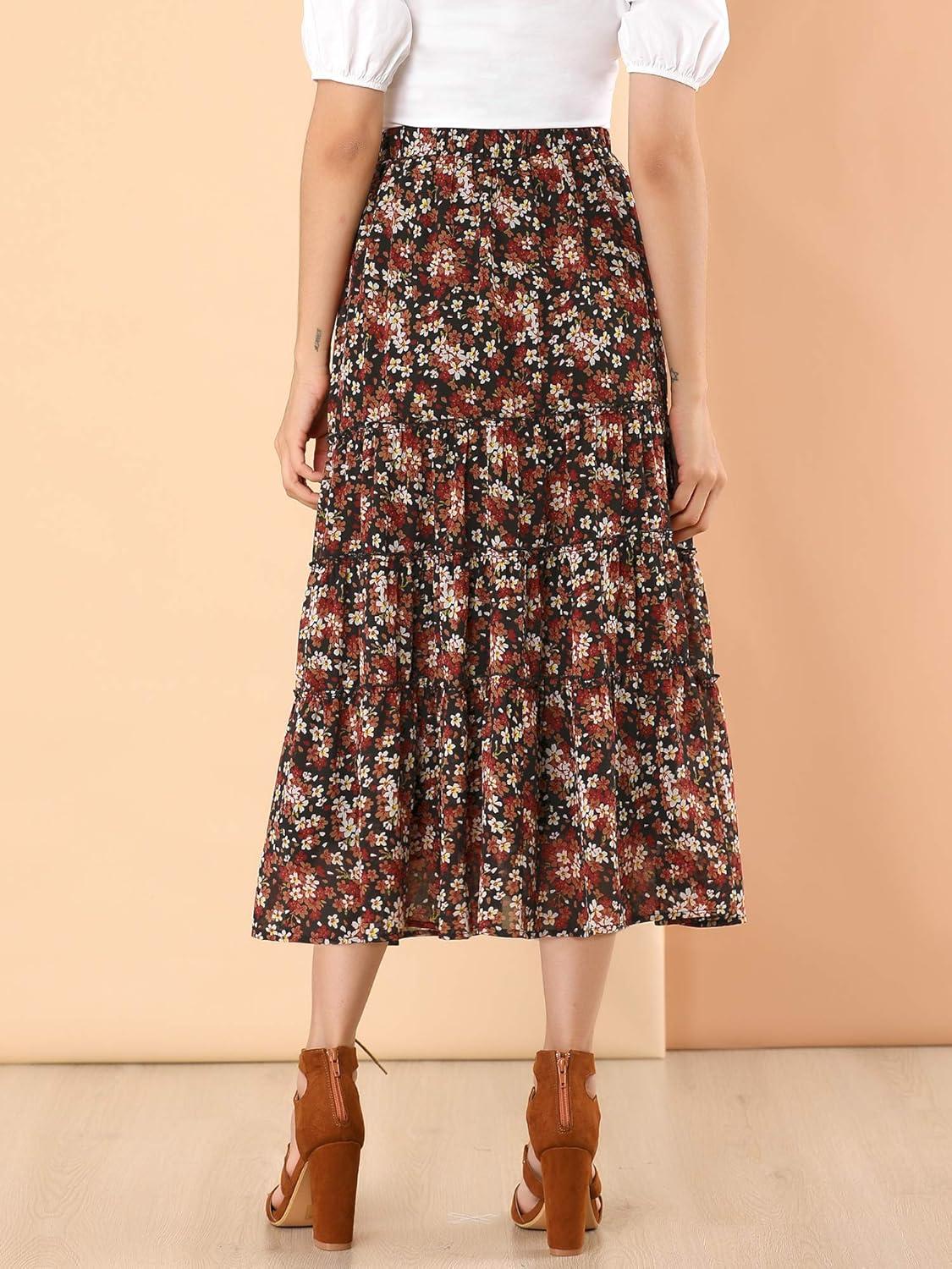 imageAllegra K Womens Floral Skirt Chiffon Aline Long Tiered Ruffle Boho Summer Midi SkirtsBlack Red