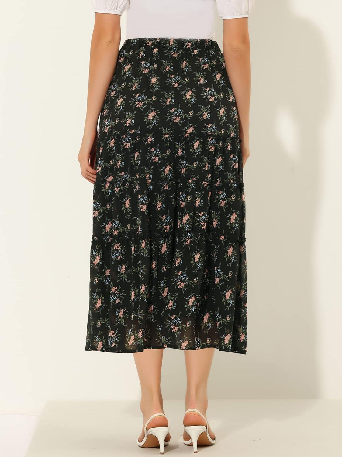 imageAllegra K Womens Floral Skirt Chiffon Aline Long Tiered Ruffle Boho Summer Midi SkirtsBlack a