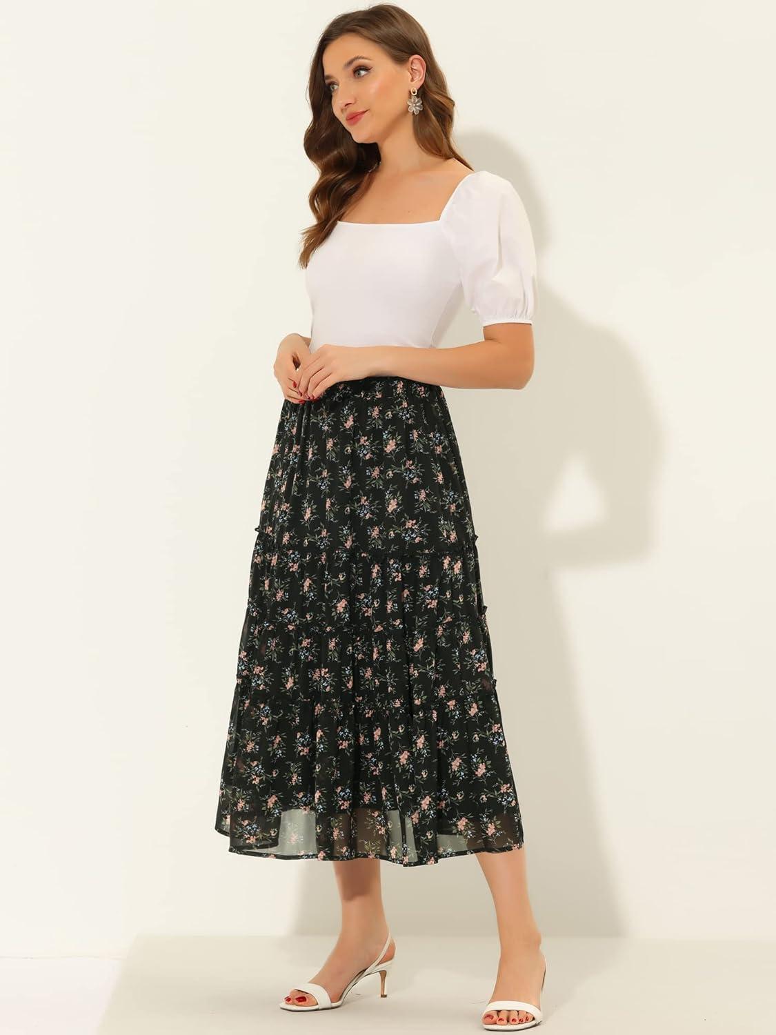 imageAllegra K Womens Floral Skirt Chiffon Aline Long Tiered Ruffle Boho Summer Midi SkirtsBlack a