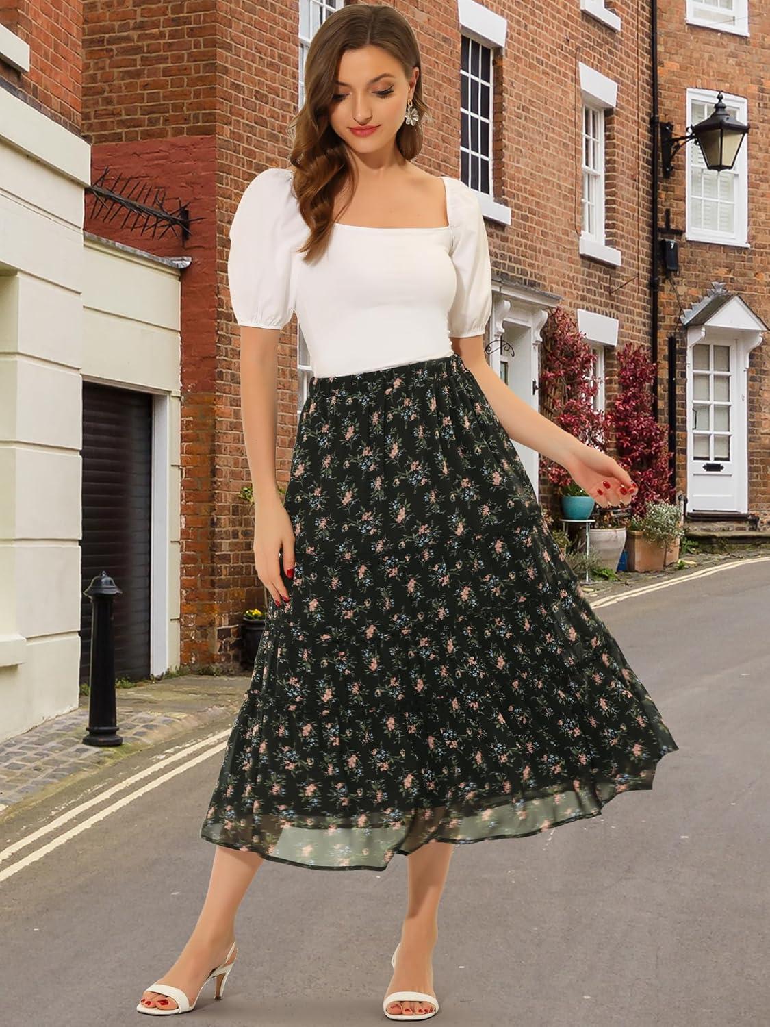 imageAllegra K Womens Floral Skirt Chiffon Aline Long Tiered Ruffle Boho Summer Midi SkirtsBlack a