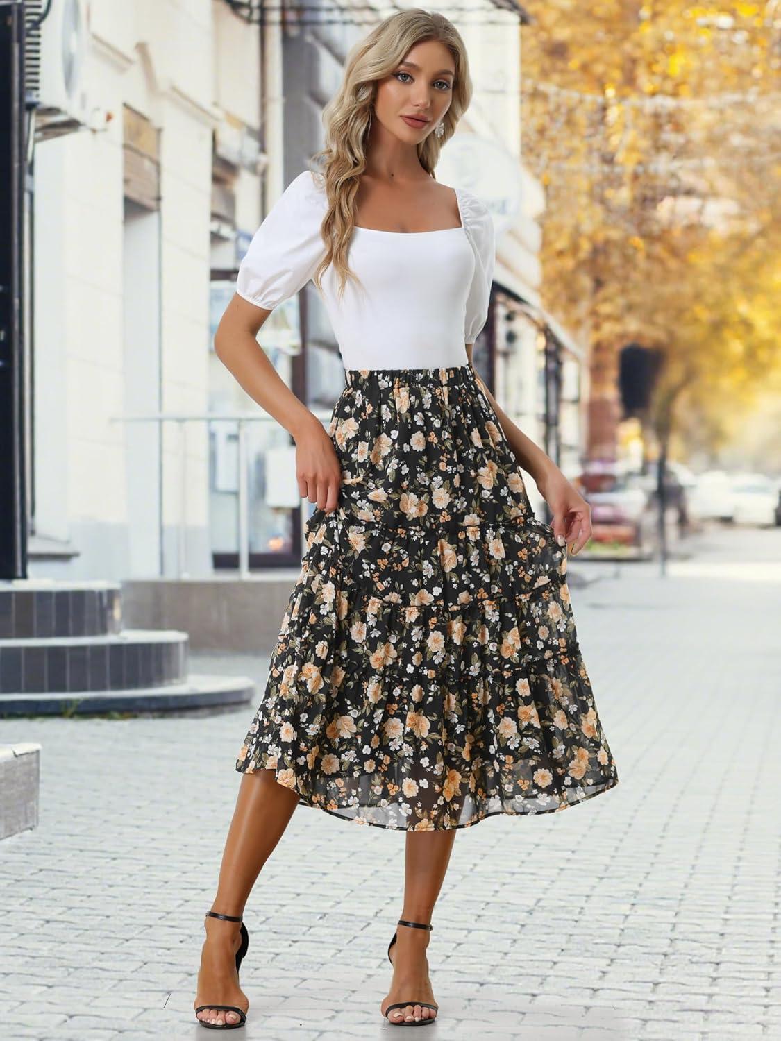 imageAllegra K Womens Floral Skirt Chiffon Aline Long Tiered Ruffle Boho Summer Midi SkirtsBlacks
