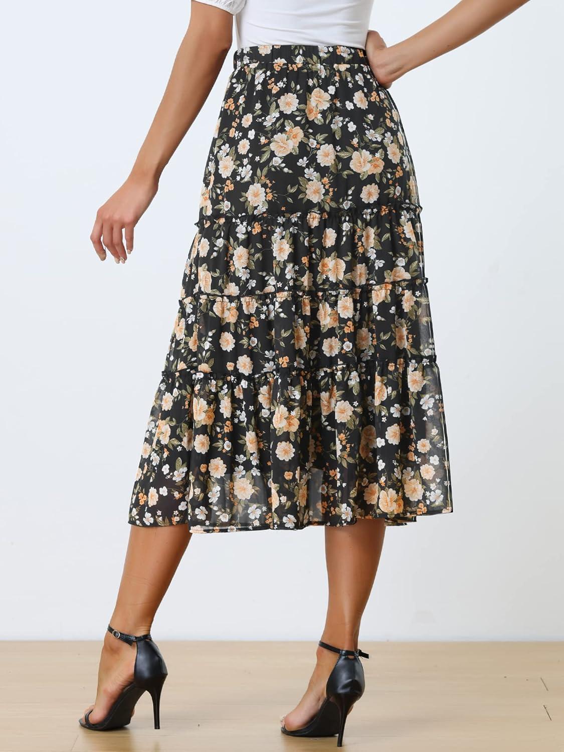 imageAllegra K Womens Floral Skirt Chiffon Aline Long Tiered Ruffle Boho Summer Midi SkirtsBlacks