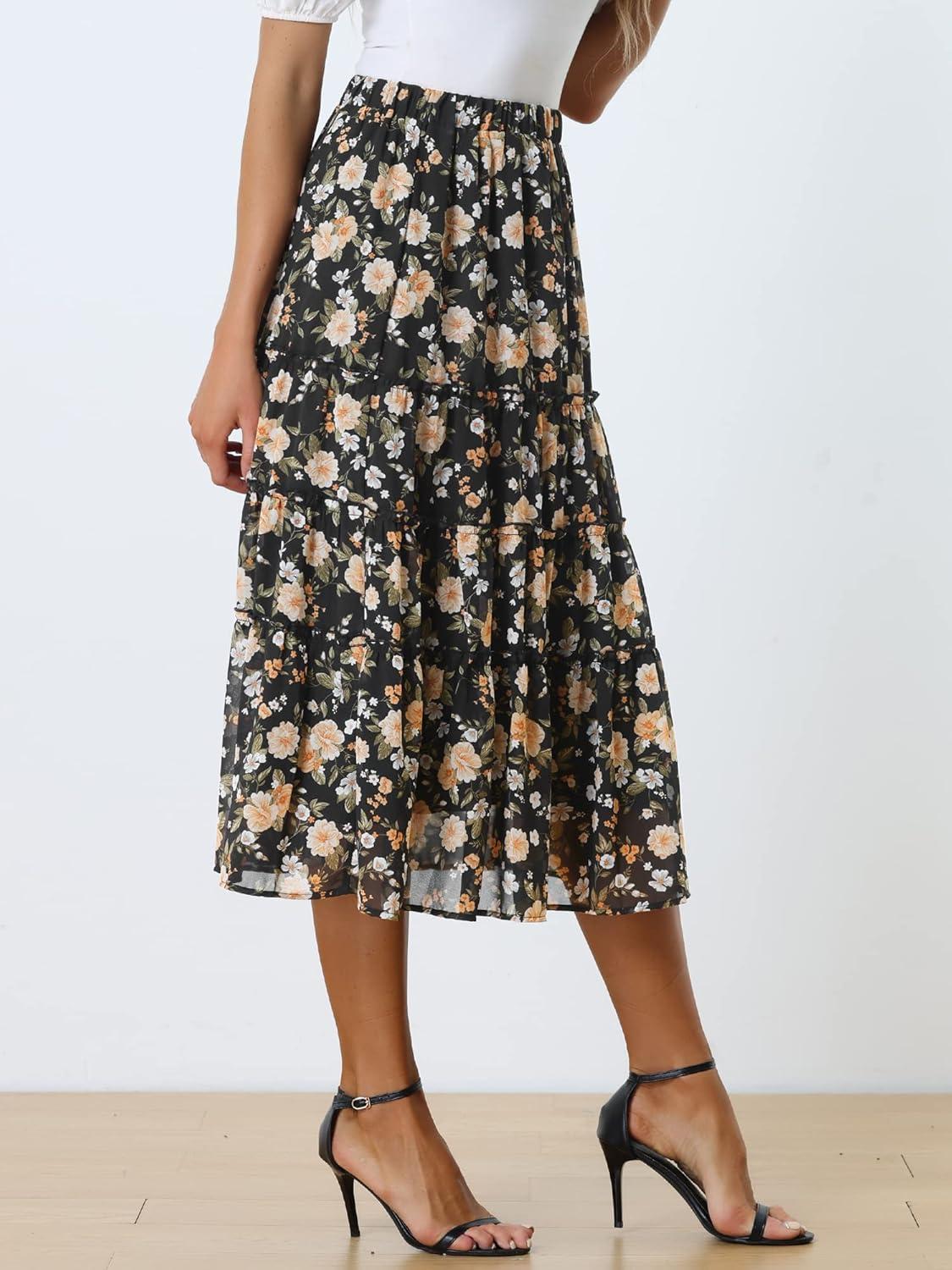 imageAllegra K Womens Floral Skirt Chiffon Aline Long Tiered Ruffle Boho Summer Midi SkirtsBlacks