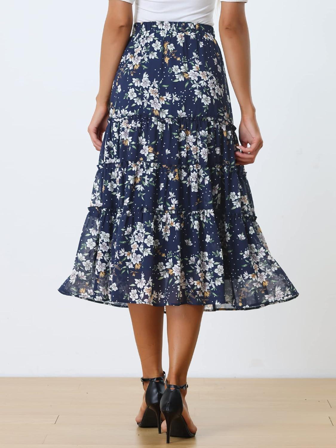 imageAllegra K Womens Floral Skirt Chiffon Aline Long Tiered Ruffle Boho Summer Midi SkirtsBlue a