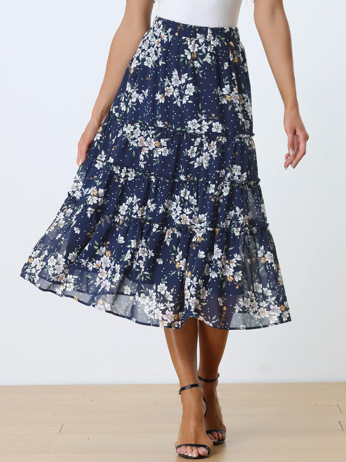 imageAllegra K Womens Floral Skirt Chiffon Aline Long Tiered Ruffle Boho Summer Midi SkirtsBlue a