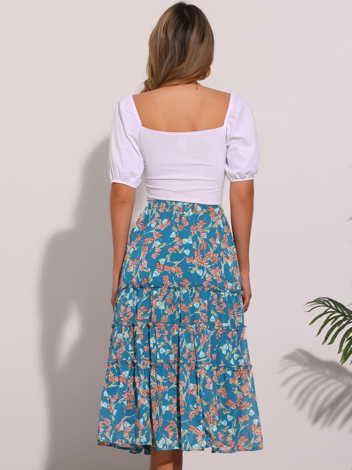 imageAllegra K Womens Floral Skirt Chiffon Aline Long Tiered Ruffle Boho Summer Midi SkirtsBlues