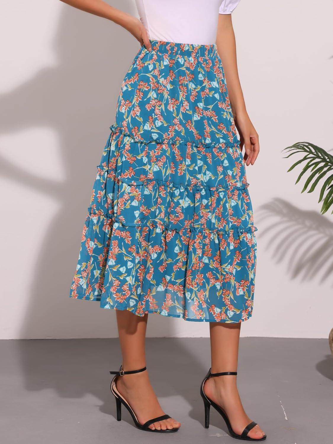 imageAllegra K Womens Floral Skirt Chiffon Aline Long Tiered Ruffle Boho Summer Midi SkirtsBlues
