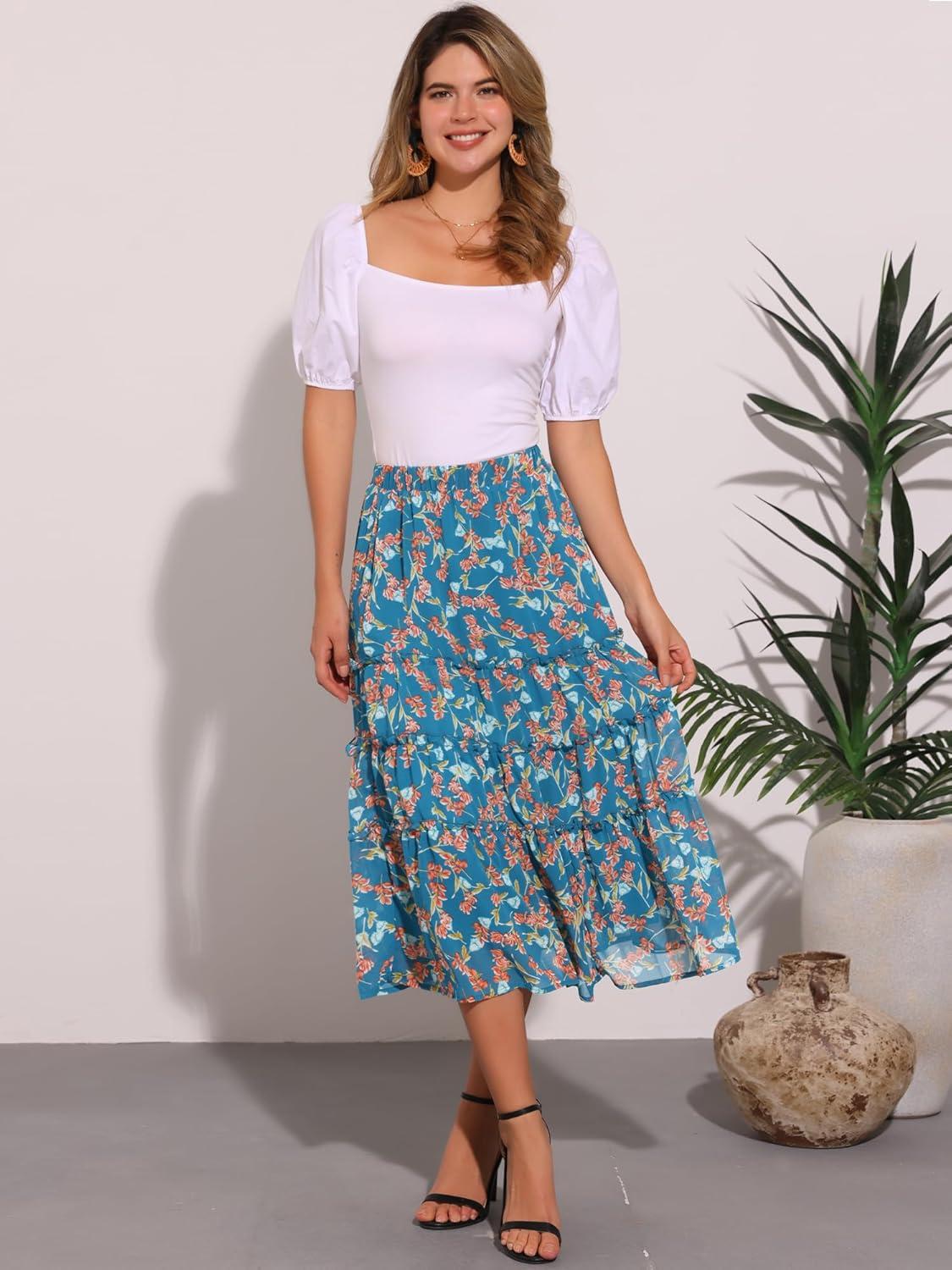 imageAllegra K Womens Floral Skirt Chiffon Aline Long Tiered Ruffle Boho Summer Midi SkirtsBlues