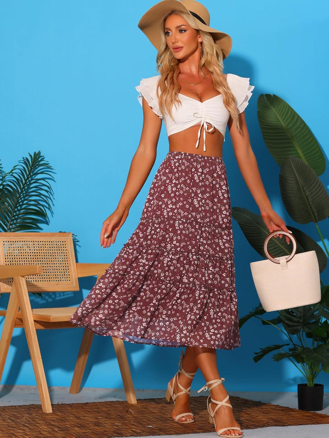 imageAllegra K Womens Floral Skirt Chiffon Aline Long Tiered Ruffle Boho Summer Midi SkirtsBrown
