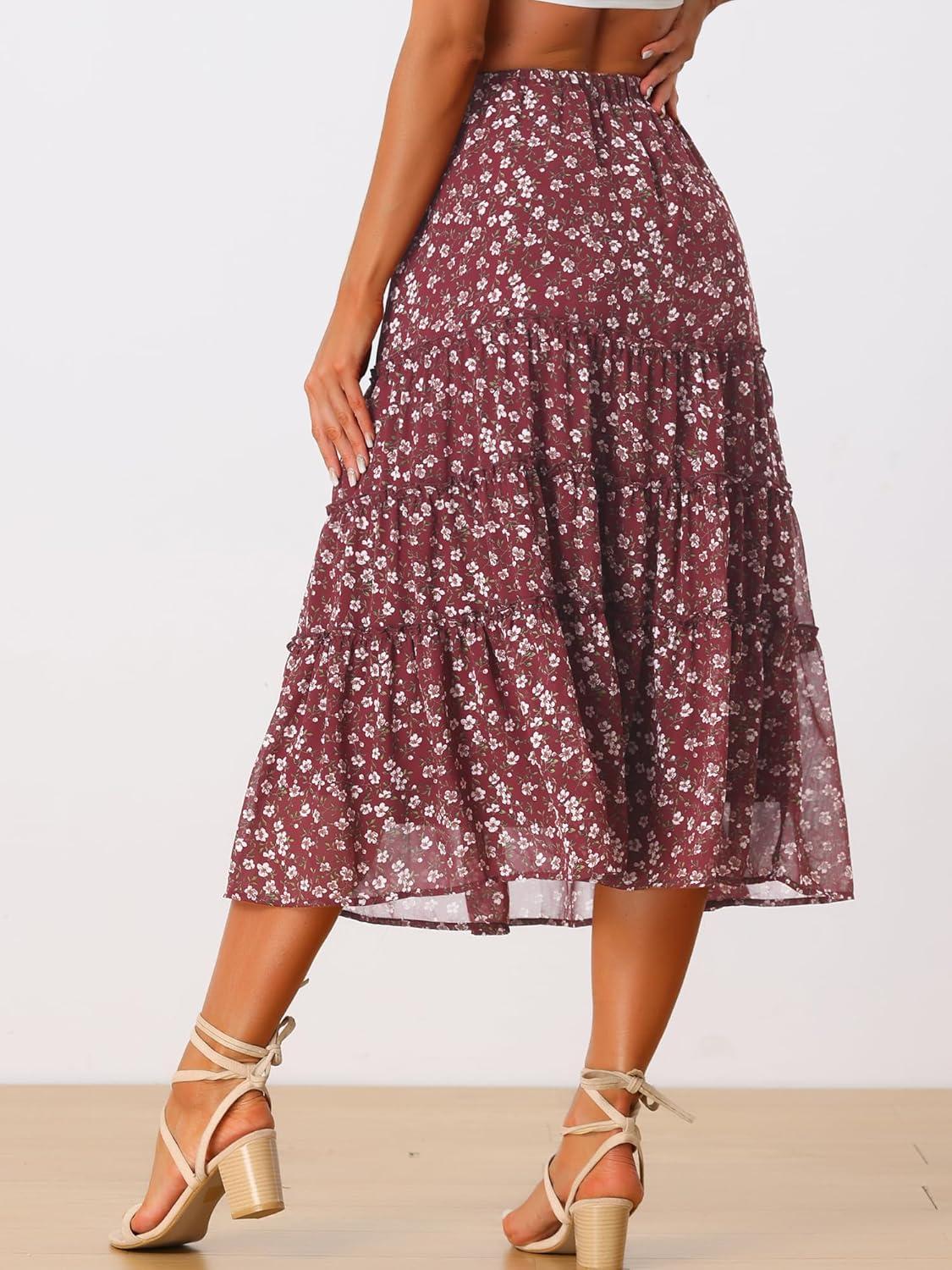 imageAllegra K Womens Floral Skirt Chiffon Aline Long Tiered Ruffle Boho Summer Midi SkirtsBrown