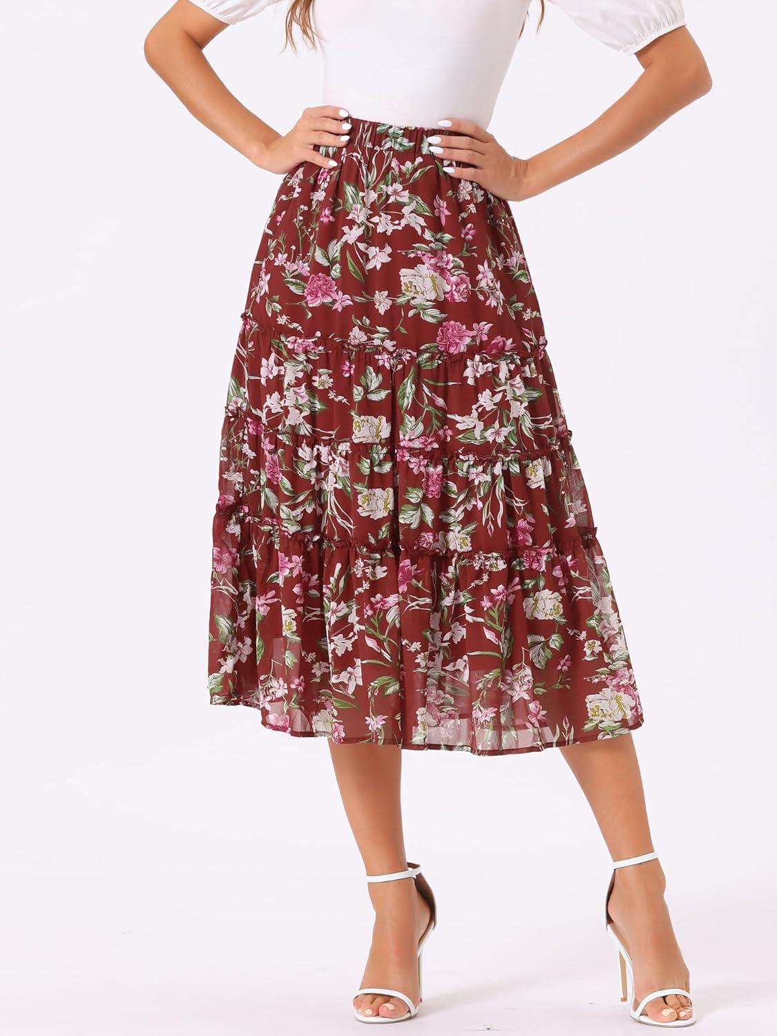 imageAllegra K Womens Floral Skirt Chiffon Aline Long Tiered Ruffle Boho Summer Midi SkirtsBurgundy