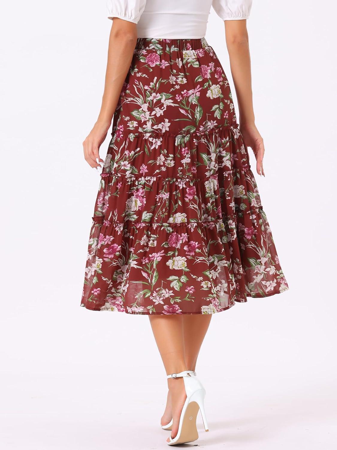 imageAllegra K Womens Floral Skirt Chiffon Aline Long Tiered Ruffle Boho Summer Midi SkirtsBurgundy