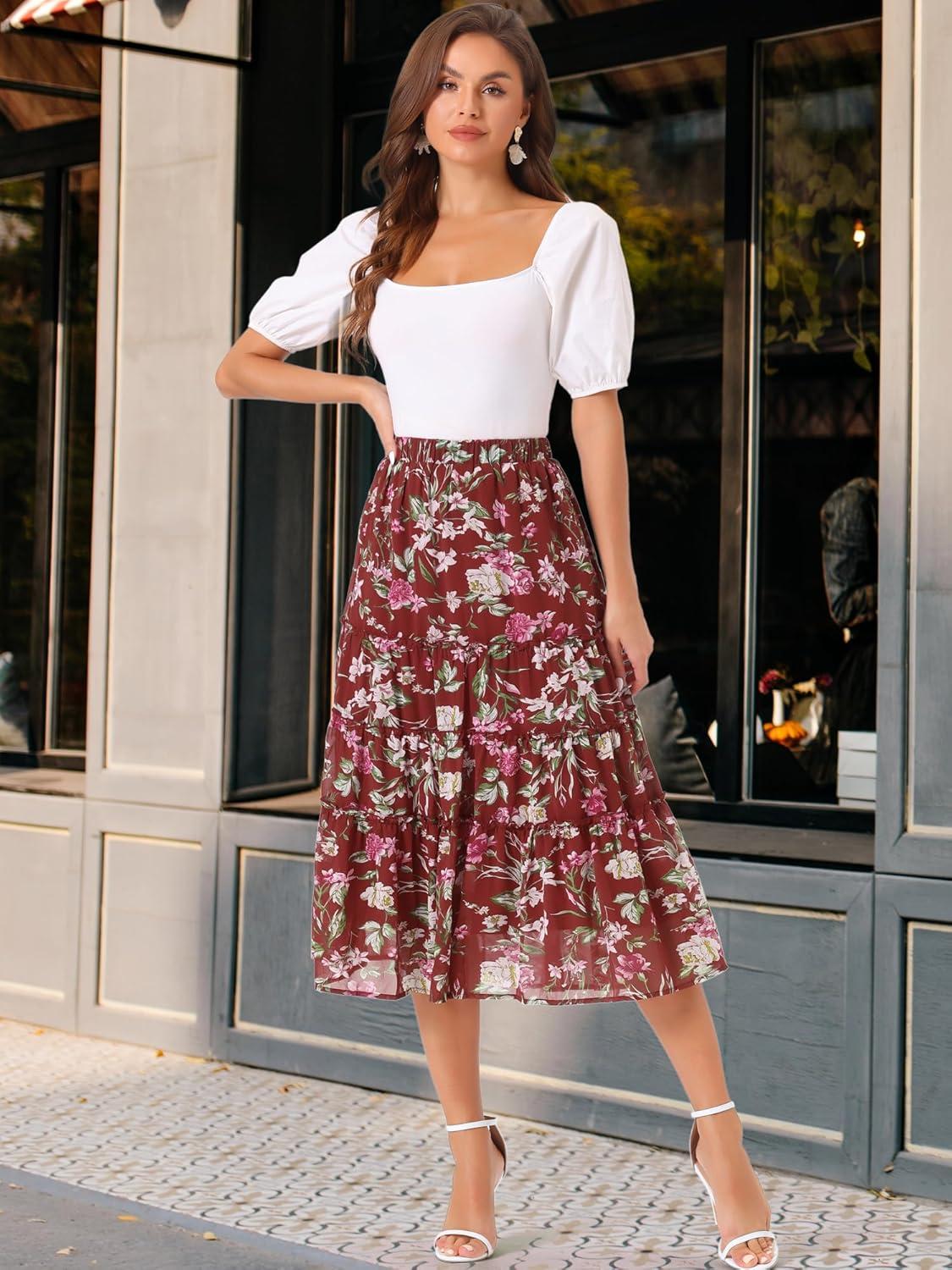 imageAllegra K Womens Floral Skirt Chiffon Aline Long Tiered Ruffle Boho Summer Midi SkirtsBurgundy