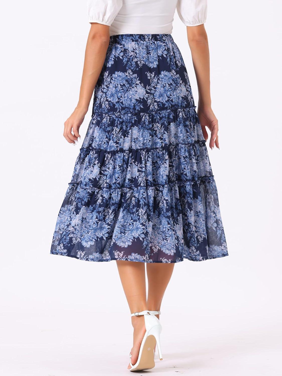 imageAllegra K Womens Floral Skirt Chiffon Aline Long Tiered Ruffle Boho Summer Midi SkirtsDeep Blue