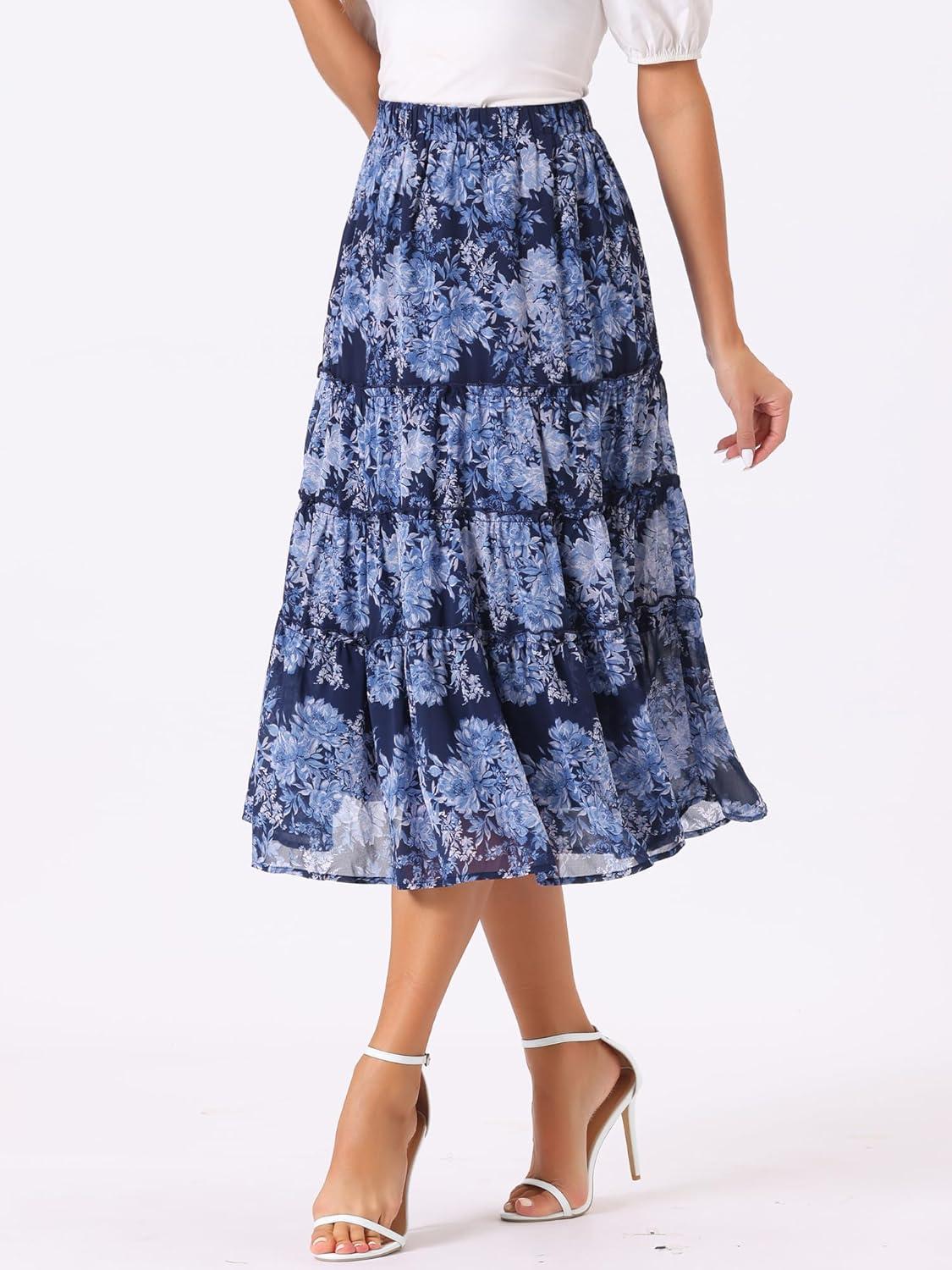 imageAllegra K Womens Floral Skirt Chiffon Aline Long Tiered Ruffle Boho Summer Midi SkirtsDeep Blue