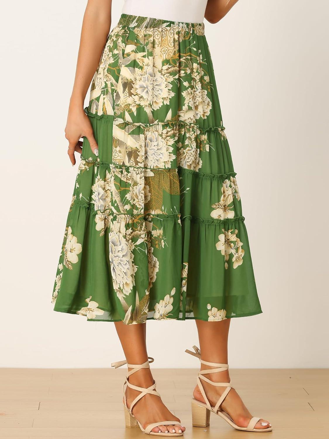 imageAllegra K Womens Floral Skirt Chiffon Aline Long Tiered Ruffle Boho Summer Midi SkirtsDeep Green