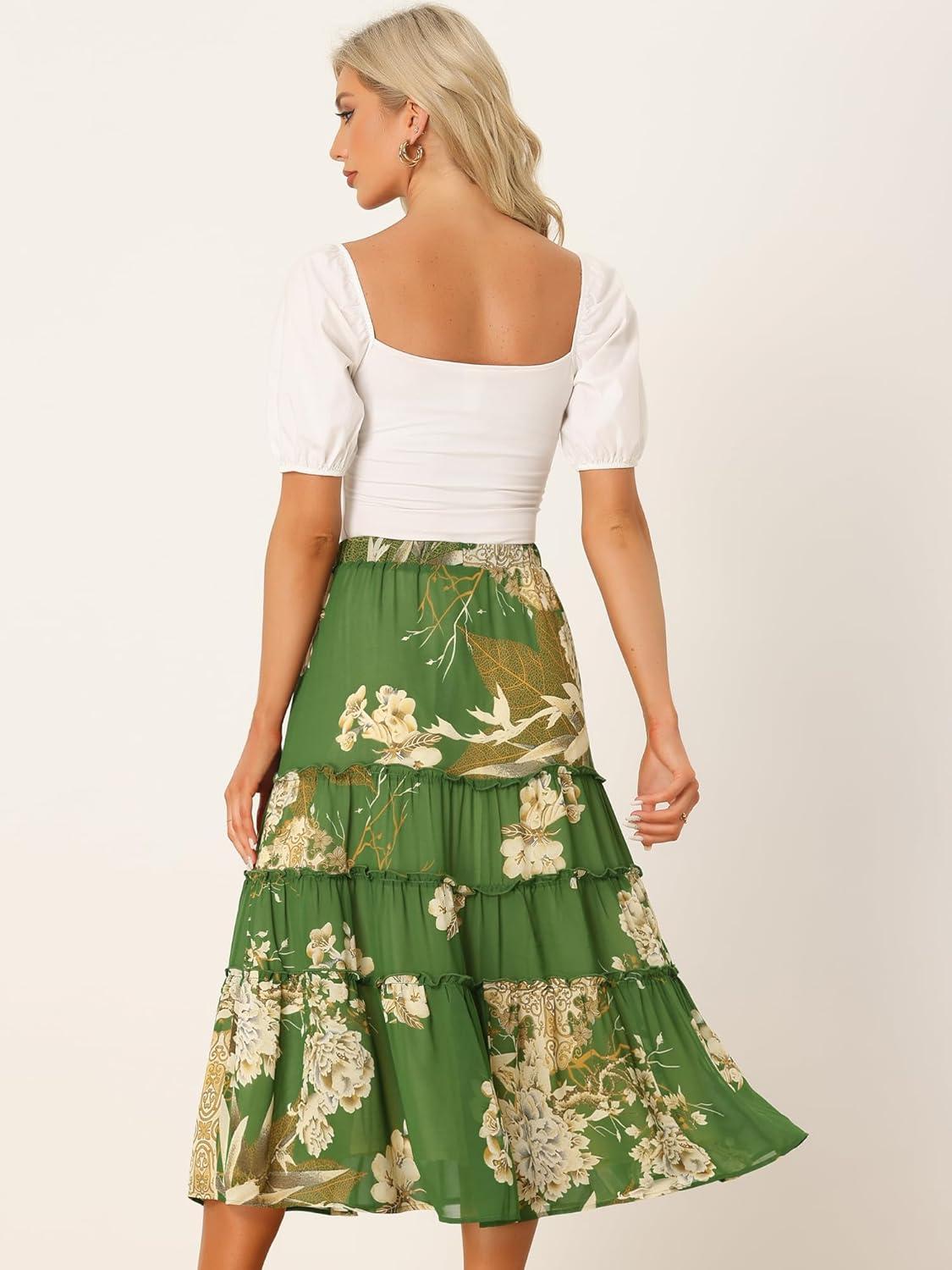 imageAllegra K Womens Floral Skirt Chiffon Aline Long Tiered Ruffle Boho Summer Midi SkirtsDeep Green