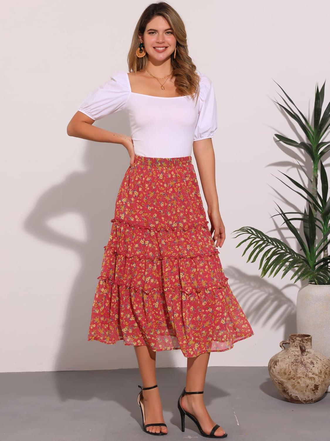 imageAllegra K Womens Floral Skirt Chiffon Aline Long Tiered Ruffle Boho Summer Midi SkirtsDeep Red