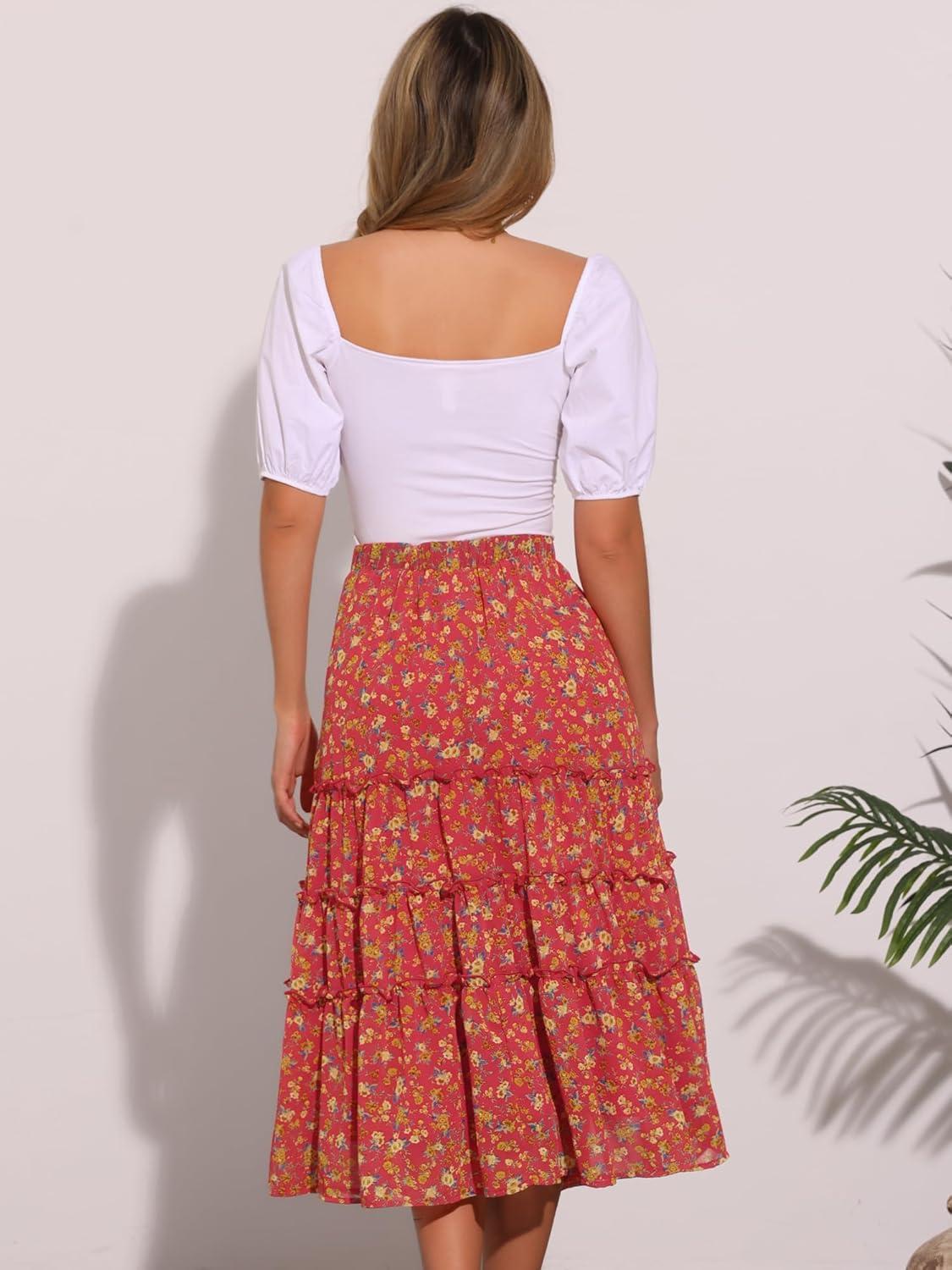 imageAllegra K Womens Floral Skirt Chiffon Aline Long Tiered Ruffle Boho Summer Midi SkirtsDeep Red