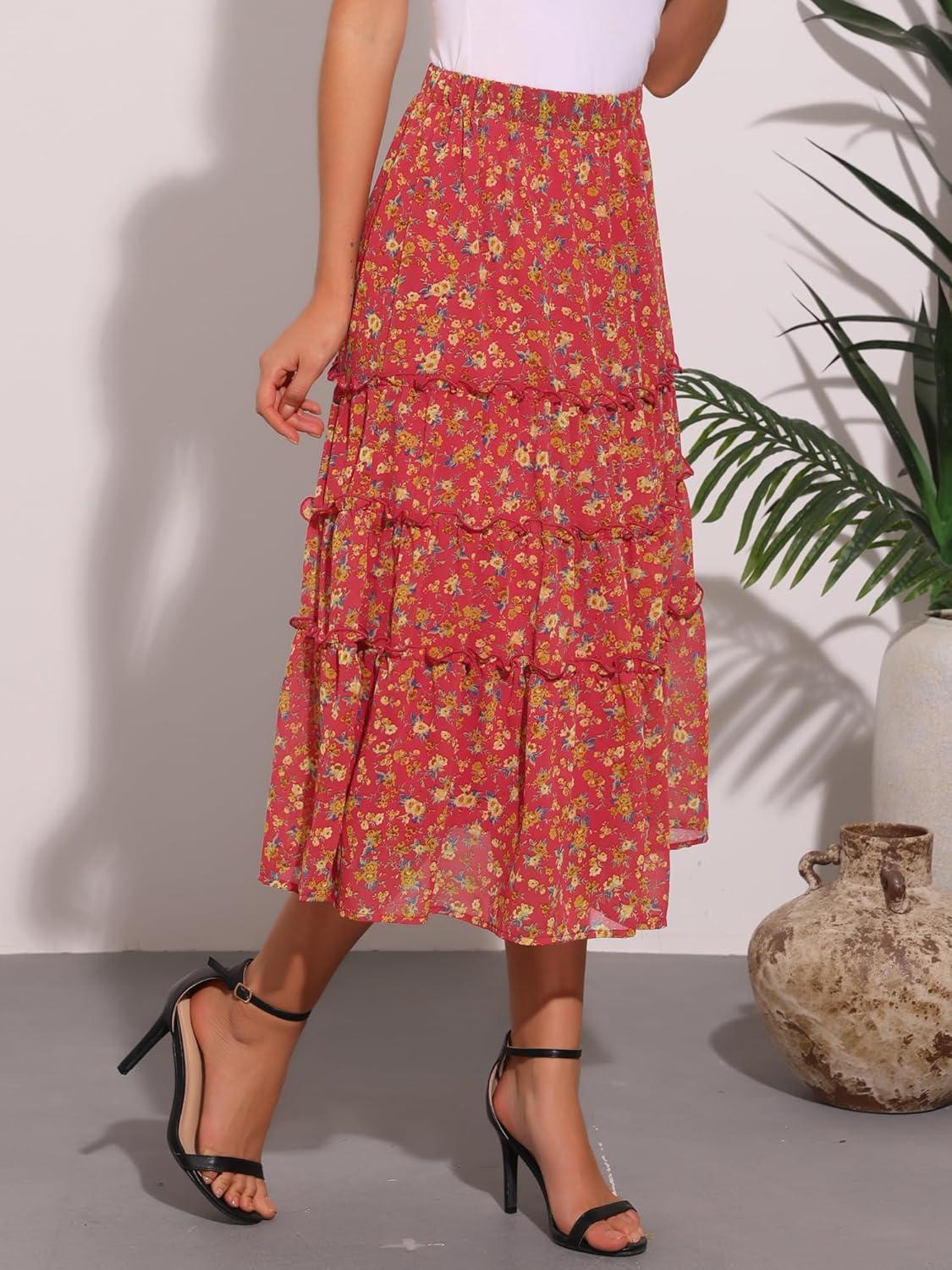 imageAllegra K Womens Floral Skirt Chiffon Aline Long Tiered Ruffle Boho Summer Midi SkirtsDeep Red