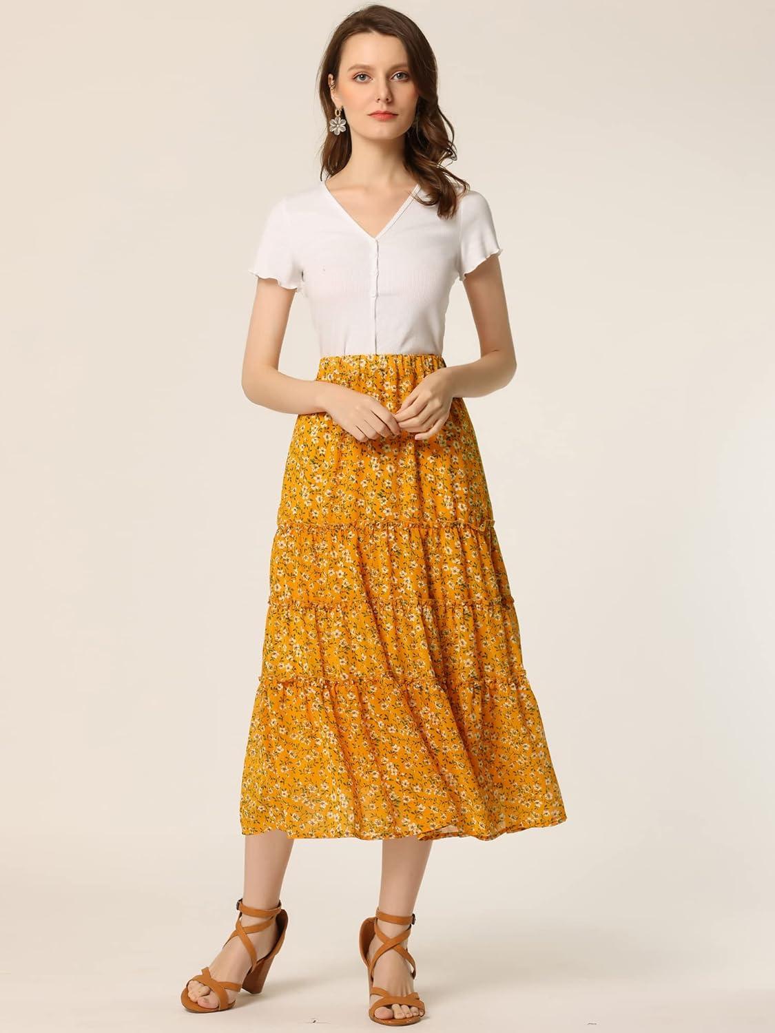 imageAllegra K Womens Floral Skirt Chiffon Aline Long Tiered Ruffle Boho Summer Midi SkirtsGinger