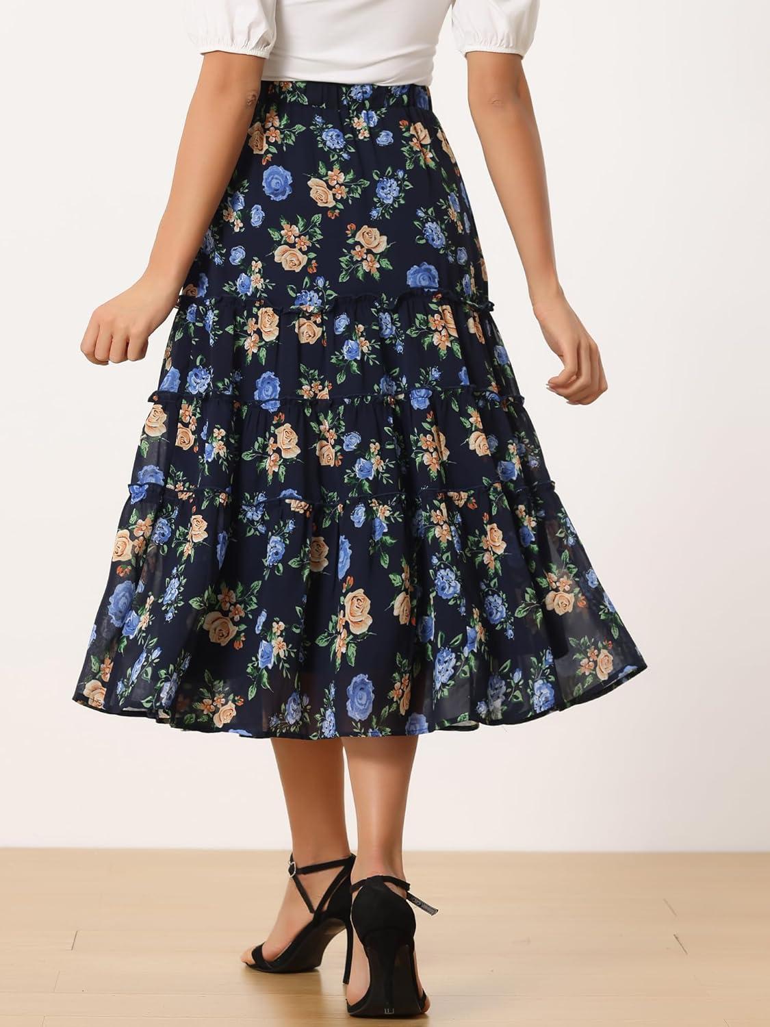 imageAllegra K Womens Floral Skirt Chiffon Aline Long Tiered Ruffle Boho Summer Midi SkirtsNavy