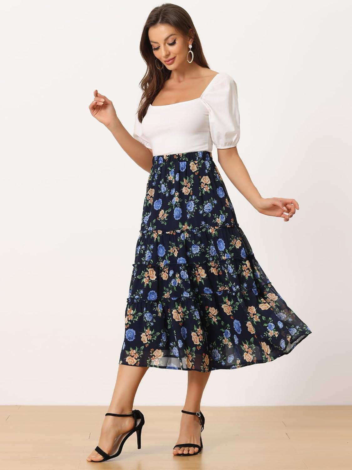 imageAllegra K Womens Floral Skirt Chiffon Aline Long Tiered Ruffle Boho Summer Midi SkirtsNavy