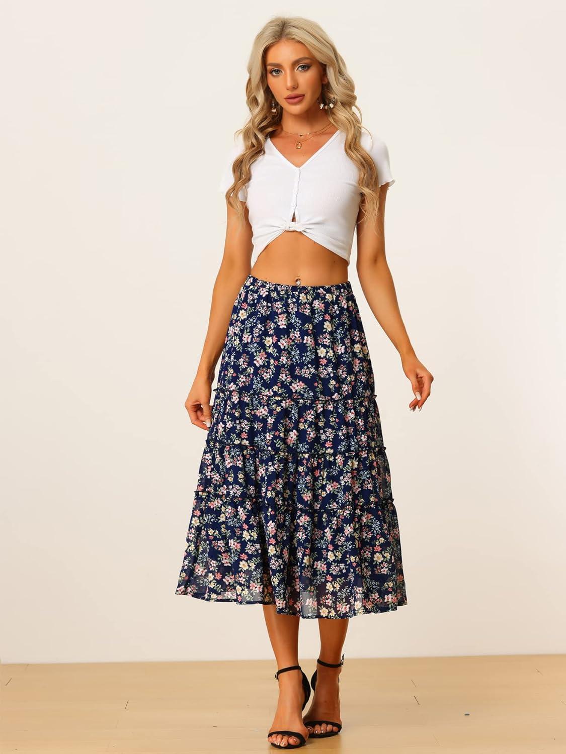 imageAllegra K Womens Floral Skirt Chiffon Aline Long Tiered Ruffle Boho Summer Midi SkirtsNavy Blue