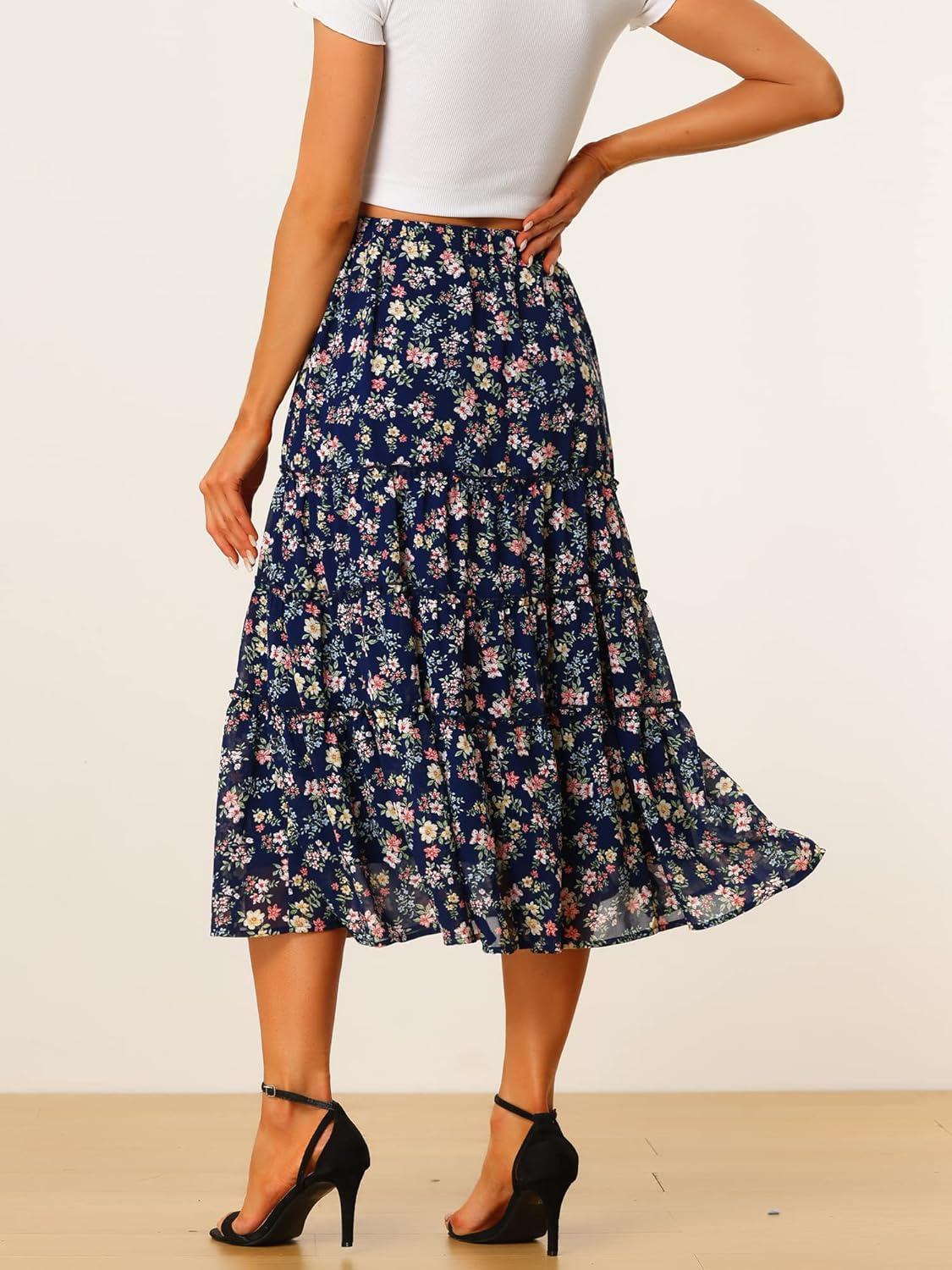imageAllegra K Womens Floral Skirt Chiffon Aline Long Tiered Ruffle Boho Summer Midi SkirtsNavy Blue