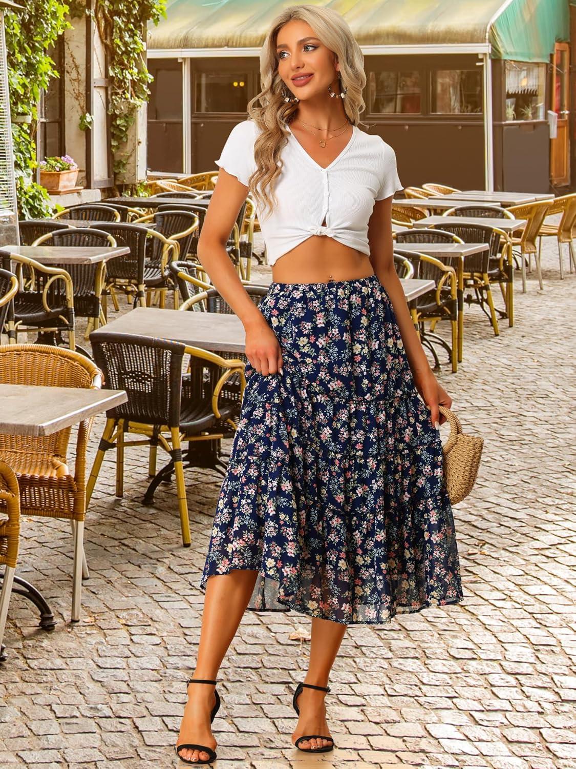 imageAllegra K Womens Floral Skirt Chiffon Aline Long Tiered Ruffle Boho Summer Midi SkirtsNavy Blue
