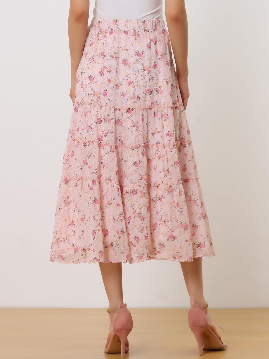 imageAllegra K Womens Floral Skirt Chiffon Aline Long Tiered Ruffle Boho Summer Midi SkirtsPink