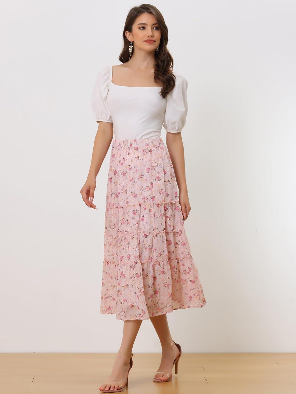 imageAllegra K Womens Floral Skirt Chiffon Aline Long Tiered Ruffle Boho Summer Midi SkirtsPink