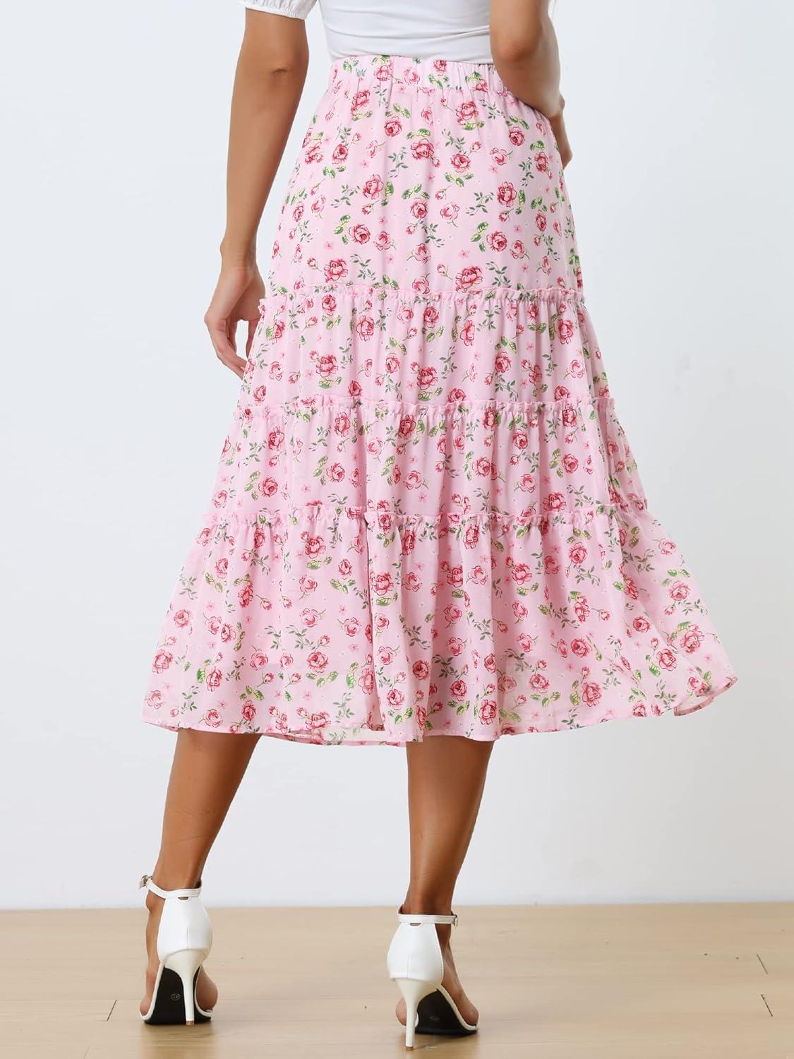 imageAllegra K Womens Floral Skirt Chiffon Aline Long Tiered Ruffle Boho Summer Midi SkirtsPink Rose