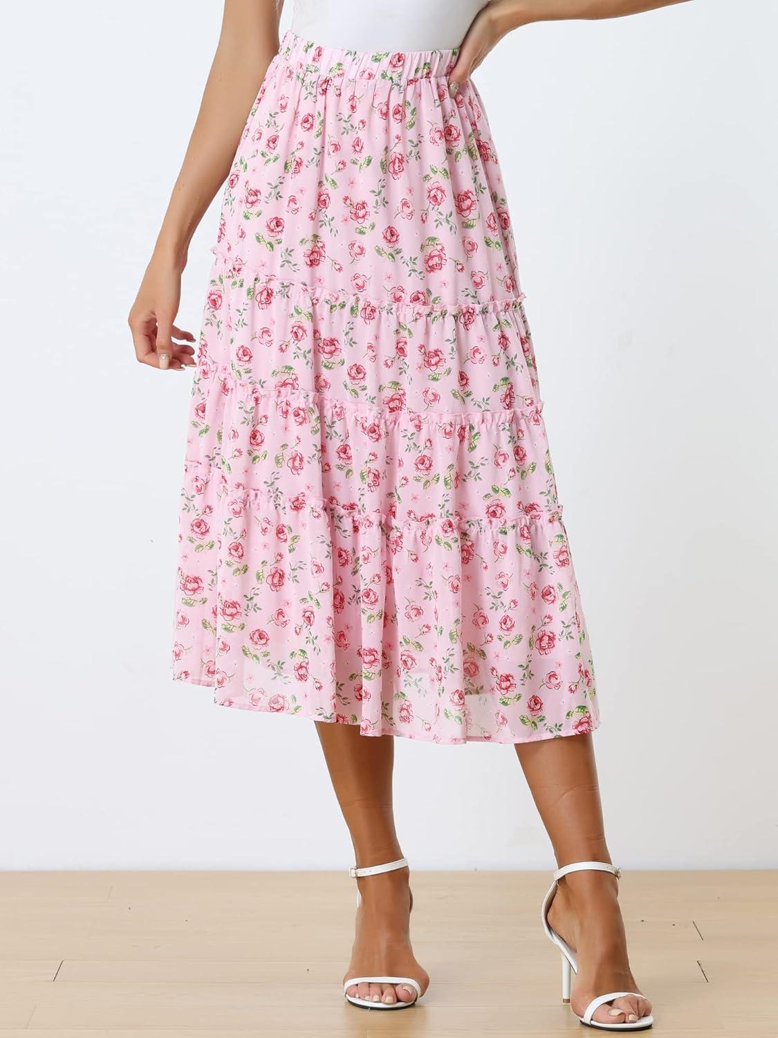 imageAllegra K Womens Floral Skirt Chiffon Aline Long Tiered Ruffle Boho Summer Midi SkirtsPink Rose