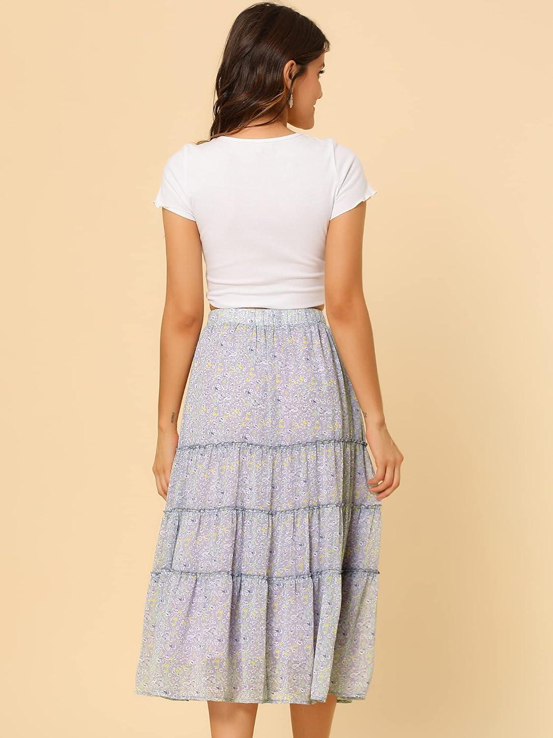 imageAllegra K Womens Floral Skirt Chiffon Aline Long Tiered Ruffle Boho Summer Midi SkirtsPurple